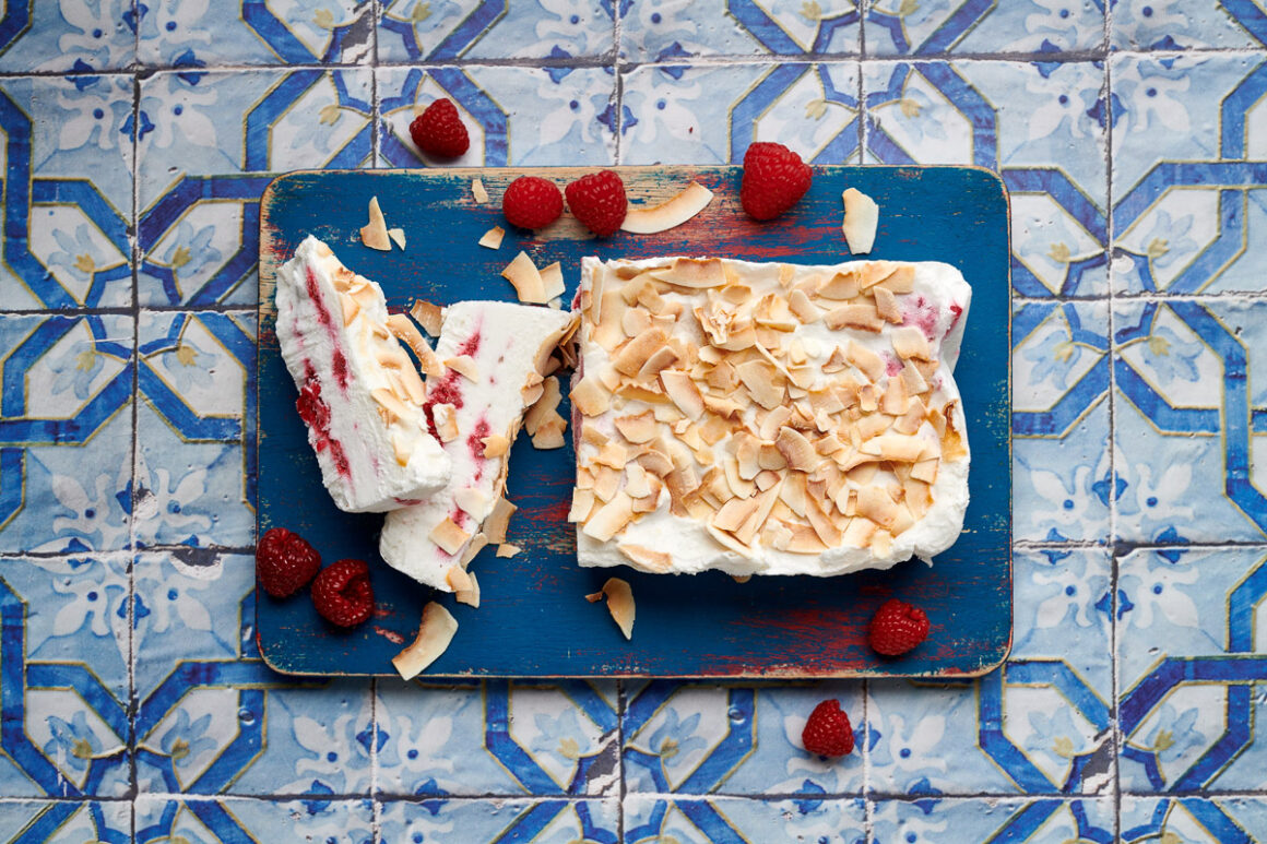 food photography of Coconut & Yoghurt Parfait with Raspberry Ripple, shot top down