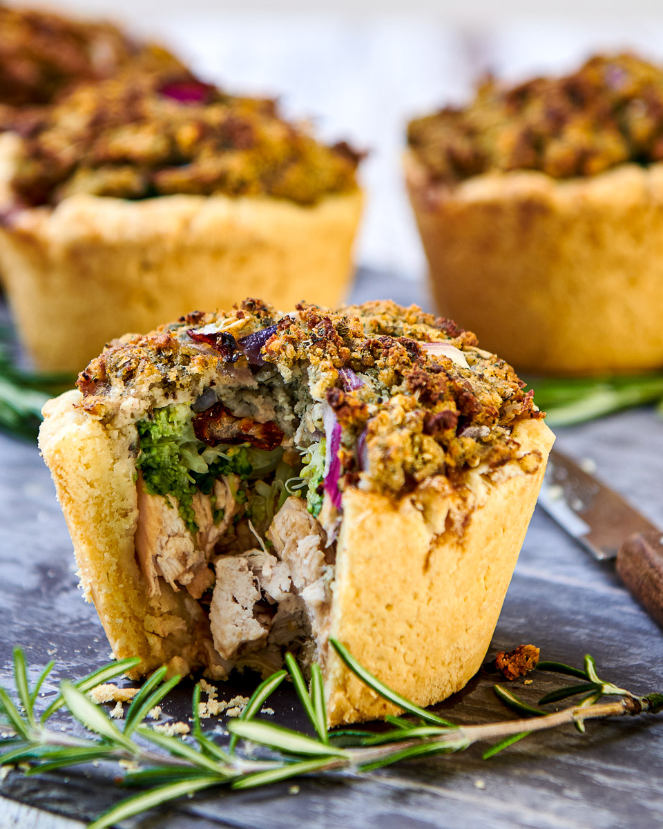 a close up shot showing the insides of a single serve pie made with Christmas leftovers. shot by professional food photographer for coeliac uk in connection with delicious by design