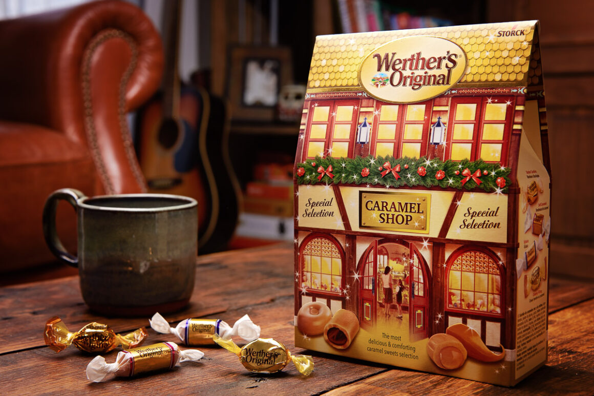 lifestyle shot of a box of werthers original special edition caramels, shot for storck