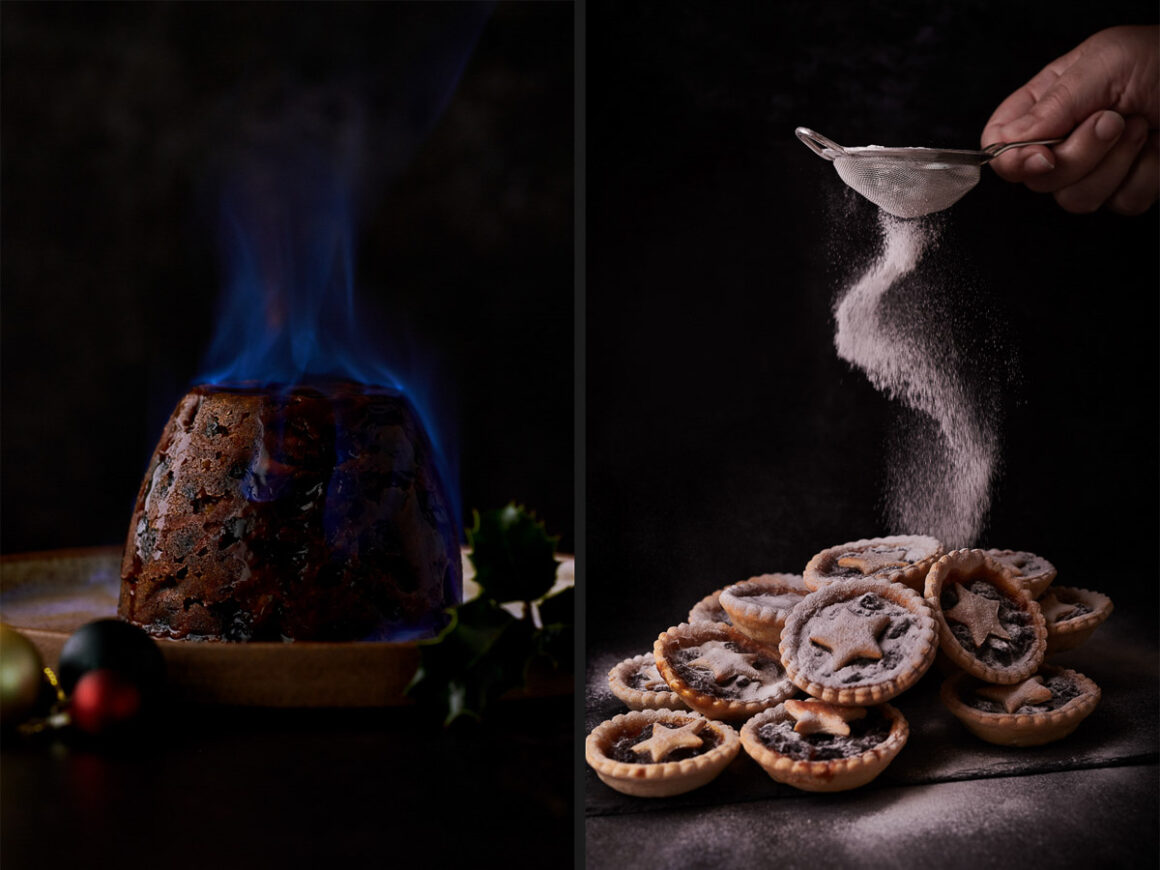 a split screen showing two images, one of a flaming christmas pudding. the other, a persons hand sprinkling icing sugar over a pile of mince pies. shot by professional food photographer for delicious by design